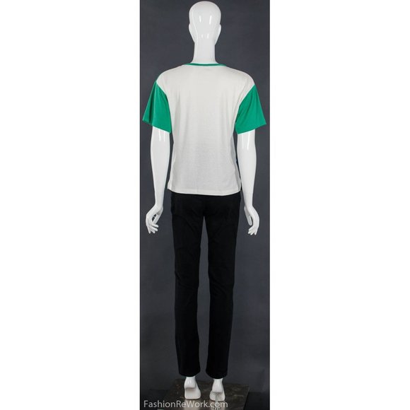 80's COLOR BLOCK Triangular T-Shirt Geometric Green Navy White Tee Small Medium - Picture 5 of 6